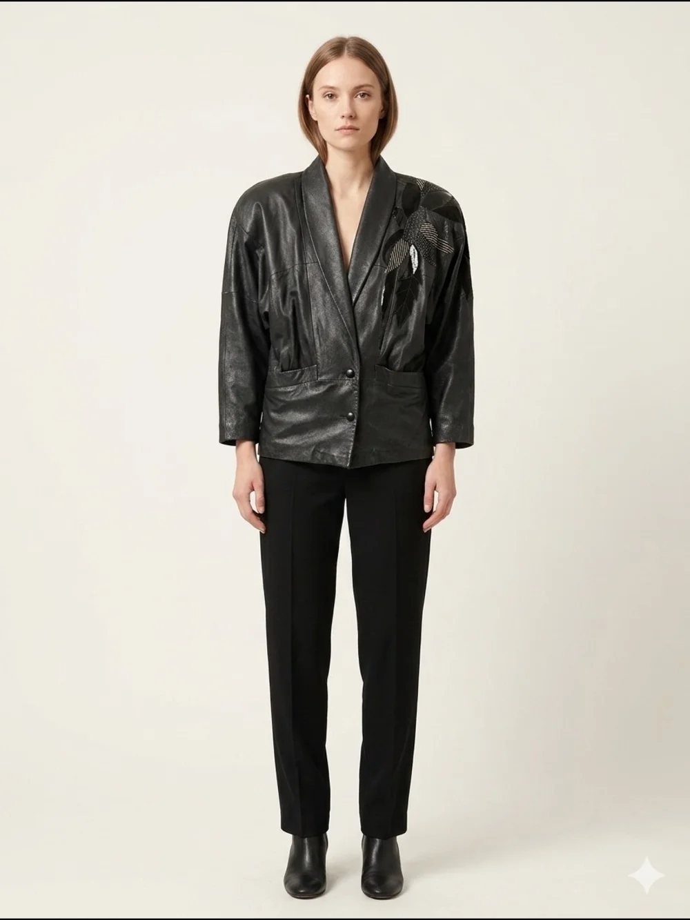 Vintage Black Women's Leather Button-Front Jacket with Embellished Shoulder - Picture 1 of 8